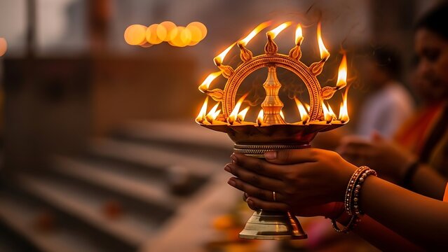 Evening Ganga Aarti with Lit Diyas on the Holy Ganges