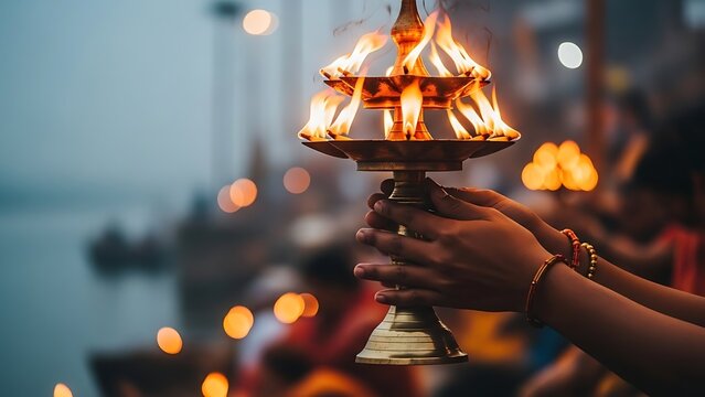 Evening Ganga Aarti with Lit Diyas on the Holy Ganges