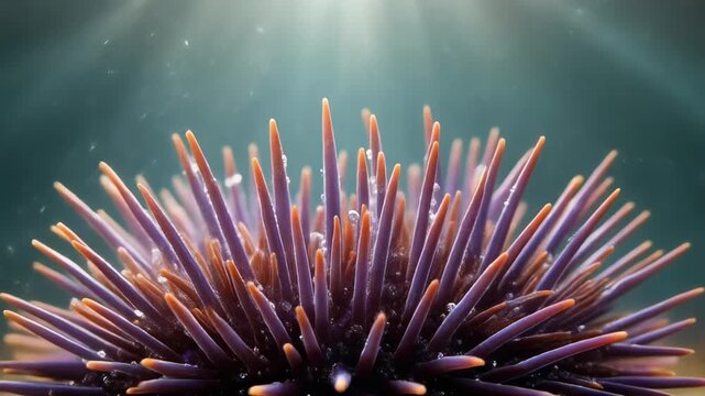Underwater Close-Up of a Purple Sea Urchin with Sharp Spines.