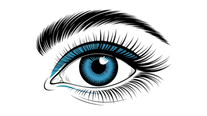 Blue Eye with Dramatic Makeup in Bold Illustration Style with Bright Blue and Black Colors on White Background for Beauty Advertising