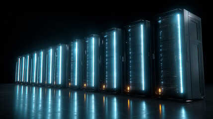 Row of network servers with glowing LED lights