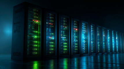 Row of network servers with glowing LED lights