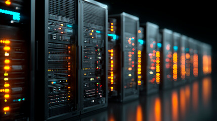 Row of network servers with glowing LED lights