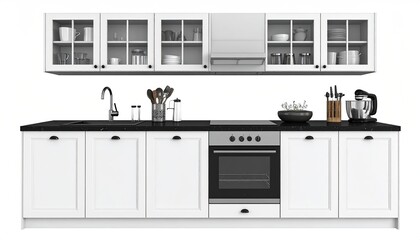 White kitchen; cupboards, sink, oven, minimalist, clean