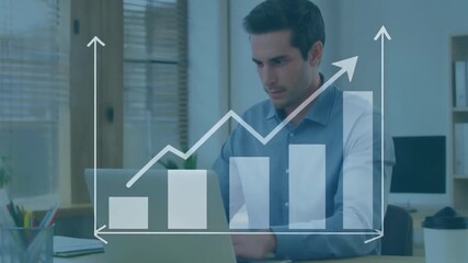 Young businessman analyzing financial data on a laptop with a growing business graph overlay - Powered by Adobe