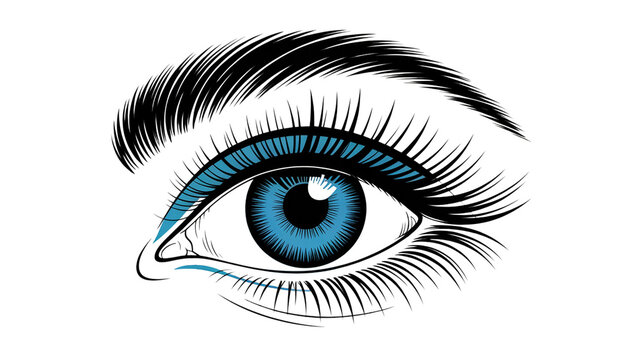 Blue Eye with Dramatic Makeup in Bold Illustration Style with Bright Blue and Black Colors on White Background for Beauty Advertising