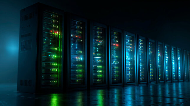 Row of network servers with glowing LED lights - Powered by Adobe