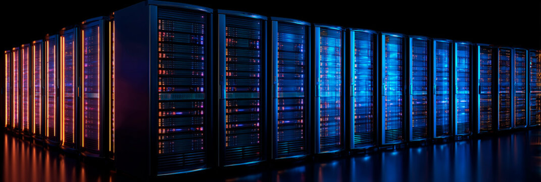Row of network servers with glowing LED lights - Powered by Adobe