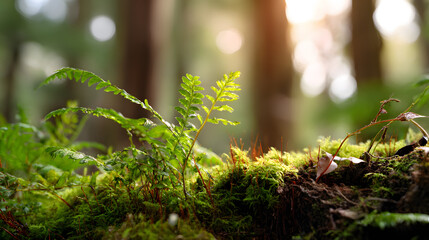 Ferns grow on a mossy log in the forest during the early morning light