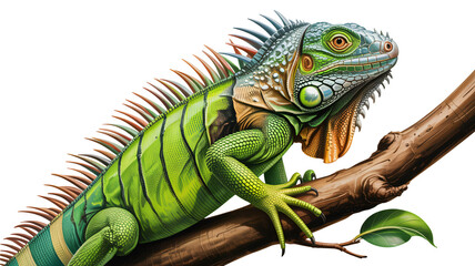 Obraz premium Green Iguana on Branch in Vibrant Colorful Illustration with Detailed Texture for Wildlife Education