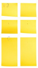 Yellow sticky notes, some with writing/paperclip marks