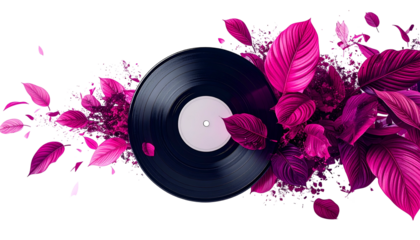 Vinyl record amidst vibrant pink foliage, black backdrop