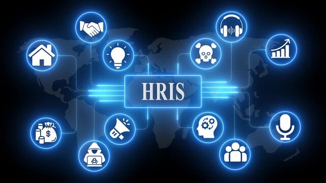 Modern H R I S System Concept with Global Network and Business in Blue Glowing Digital HRIS system human resource information system