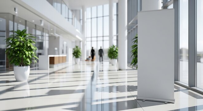 Blank rollup banner in a modern office lobby, with natural light, green plants, and blurred people, ready for advertising