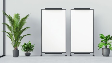 serene interior scene with two blank poster displays complemented by lush green plants against a neutral backdrop creating a peaceful ambiance