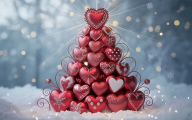 A deep red background with concentric circular ripples and floating 3D hearts. Ideal for Valentine's day designs, romantic posters, and elegant wedding invitation themes or digital wallpapers.