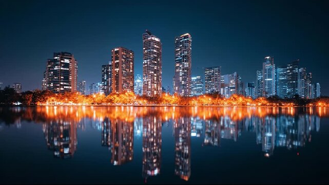 Modern city skyline night with illuminated highrise skyscraper and building reflections calm waterfront lake, urban lights glowing trees and streetlights creating tranquil vibrant reflection scene