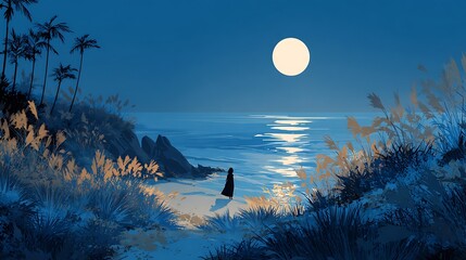Serene moonlit beach scene with person standing by ocean