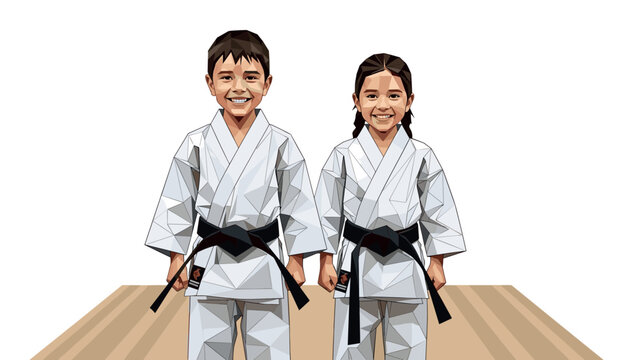 Smiling kids in martial arts uniforms on wooden floor background