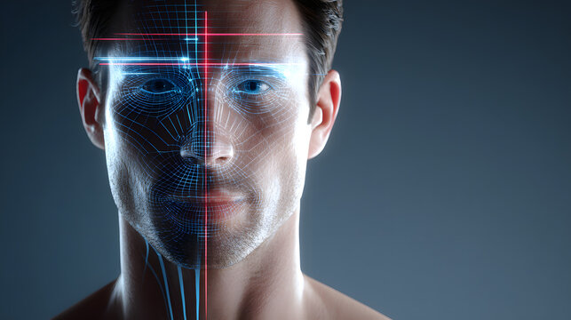 Digital face recognition technology used on a human face in a studio setting - Powered by Adobe