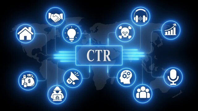 Glowing Blue Digital Network with C T R Central Concept and Map Background CTR concept business technology