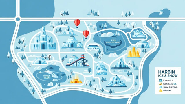 Winter wonderland map illustration with ice rink, castle, and hot air balloons in harbin ice and snow festival