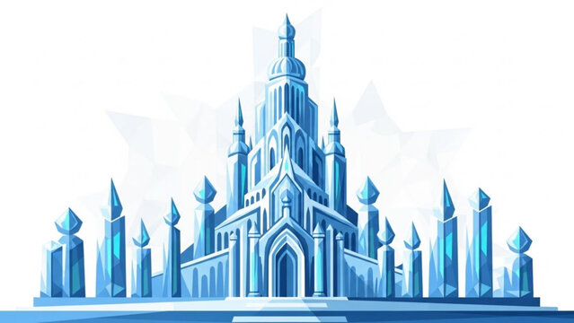 Blue ice palace castle with towers and spires on white background, fantasy architecture illustration