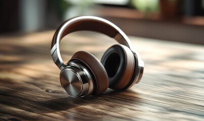 Stylish modern headphones placed on a wooden surface, sharp detail on metallic and leather textures, clean minimalist setting, neutral color palette, music and lifestyle theme,