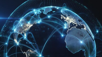 Digital global network connecting continents and cities with light lines and glowing dots, illustrating worldwide communication and technology - Powered by Adobe