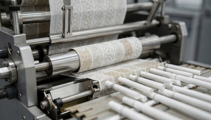 Dynamic medium shot at a filter joining station featuring decorative ring tipping paper being applied to filters and rods showcasing detailed craftsmanship in cigarette production.