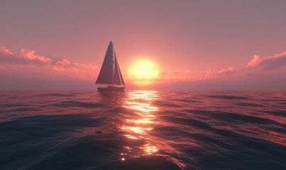 Sunset over a tranquil ocean, glowing orange and pink hues reflecting on gentle waves, faint silhouette of a lone sailboat on the horizon, serene and calming,