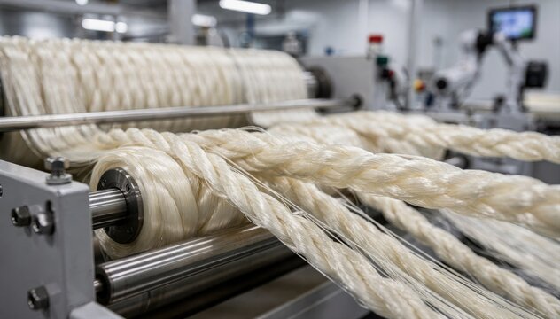 Closeup medium shot of biopolyester fibers being processed into strong ropes on an automated production line highlighting renewable material efficiency.