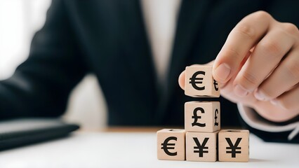 Hologram stock background with currency symbols and businessman