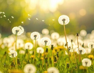 Dandelions in sunlight, seeds scattering in the wind