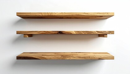 Three wooden shelves mounted on a plain white wall