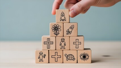 Hologram stock background with wooden blocks and hand stacking