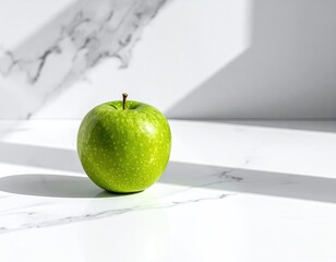 Green apple sits on marble, bathed in bright sunbeams