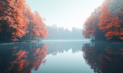 Tranquil lake surrounded by vibrant autumn trees, their fiery red and orange leaves reflected perfectly in the calm water below