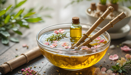 Glass Bowl With Essential Oil and Wooden Sticks