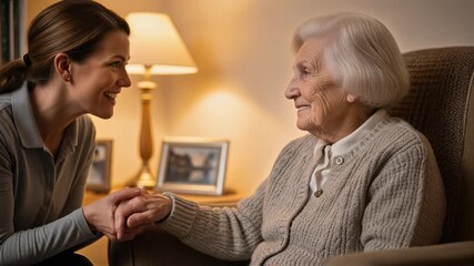 Woman Comforting Elderly Person Holding Hands in a Caring Environment.