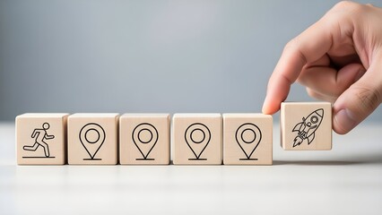 Hologram technology concept with hand placing wooden block on stock background