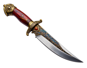 Ornate dagger, intricate gold detail, red handle, blue and silver blade