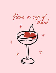 Doodle festive drink ilustration. Hand drawn greeting card or poster