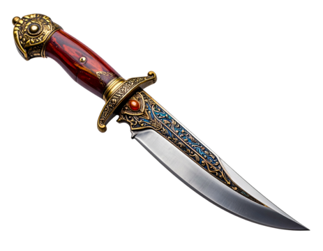 Ornate dagger, intricate gold detail, red handle, blue and silver blade - Powered by Adobe