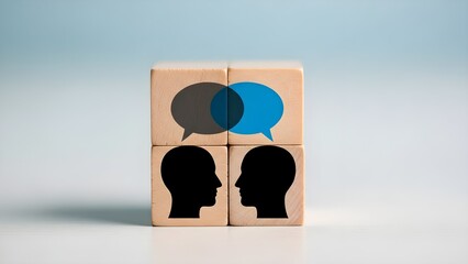 Hologram communication concept with stock background of silhouette heads and speech bubbles