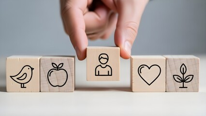 Hologram technology concept with hand placing wooden block with human icon on stock background