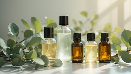 Glass Bottles With Essential Oils and Greenery