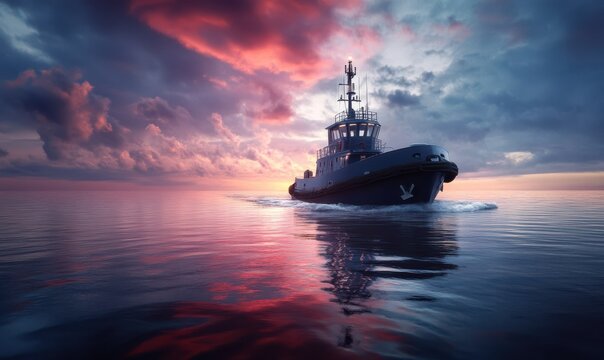 Tugboat sailing through calm waters under a cloudy sky, rich red and blue tones, maritime theme, peaceful coastal atmosphere, detailed and realistic scene,