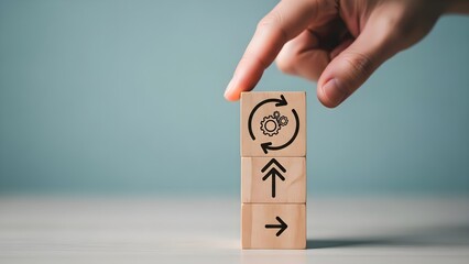 Hologram stock background with hand placing wooden block with arrows