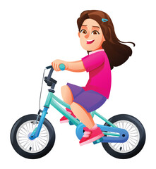 Young girl with long hair smiling while riding bicycle for fun and play. Vector cartoon character illustration